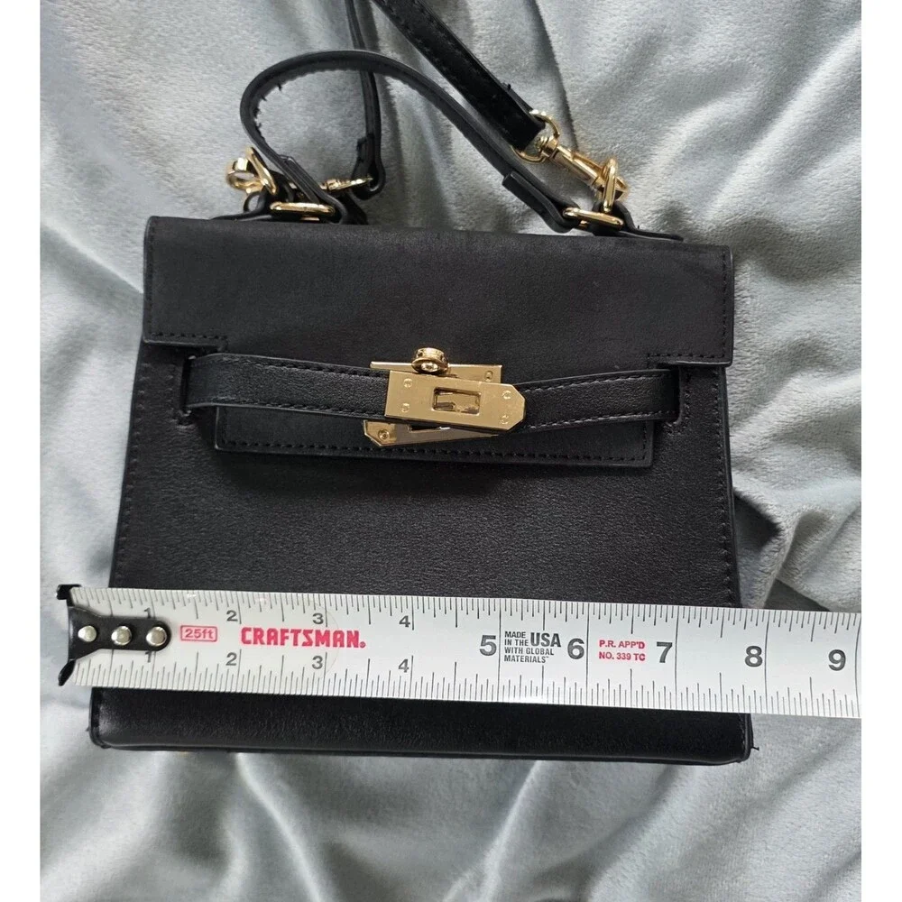 Black Structured Box Crossbody Bag Gold Turn Lock Top Handle Shoulder Purse